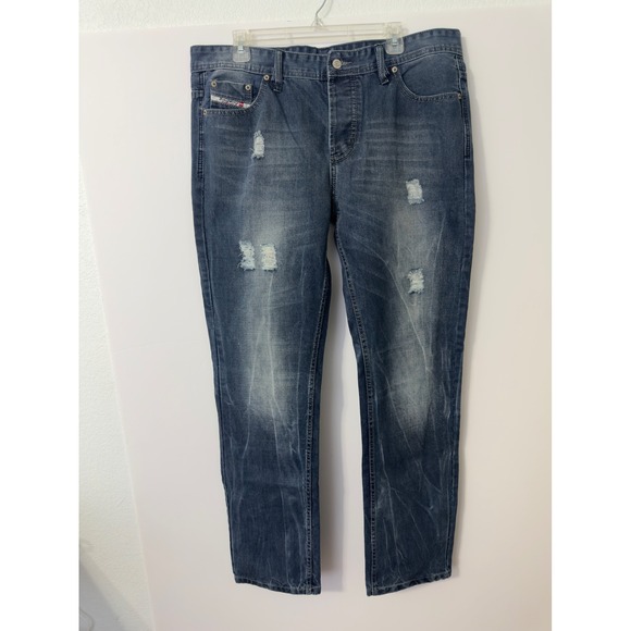 Diesel Kurren Straight Leg Jeans Mens 38x34 Blue Distressed Wash Italian Y2K